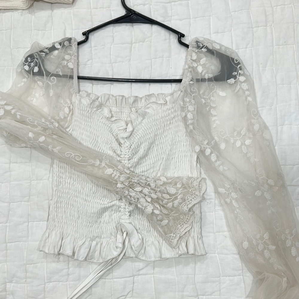 SHEIN Cream Smocked Ruffled Blouse with Tie Front